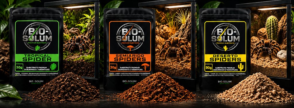 Três pacotes BIO-SOLUM com terrários de aranhas ao fundo