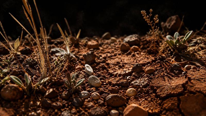 Solo avermelhado com pedras, capim seco e plantas pequenas